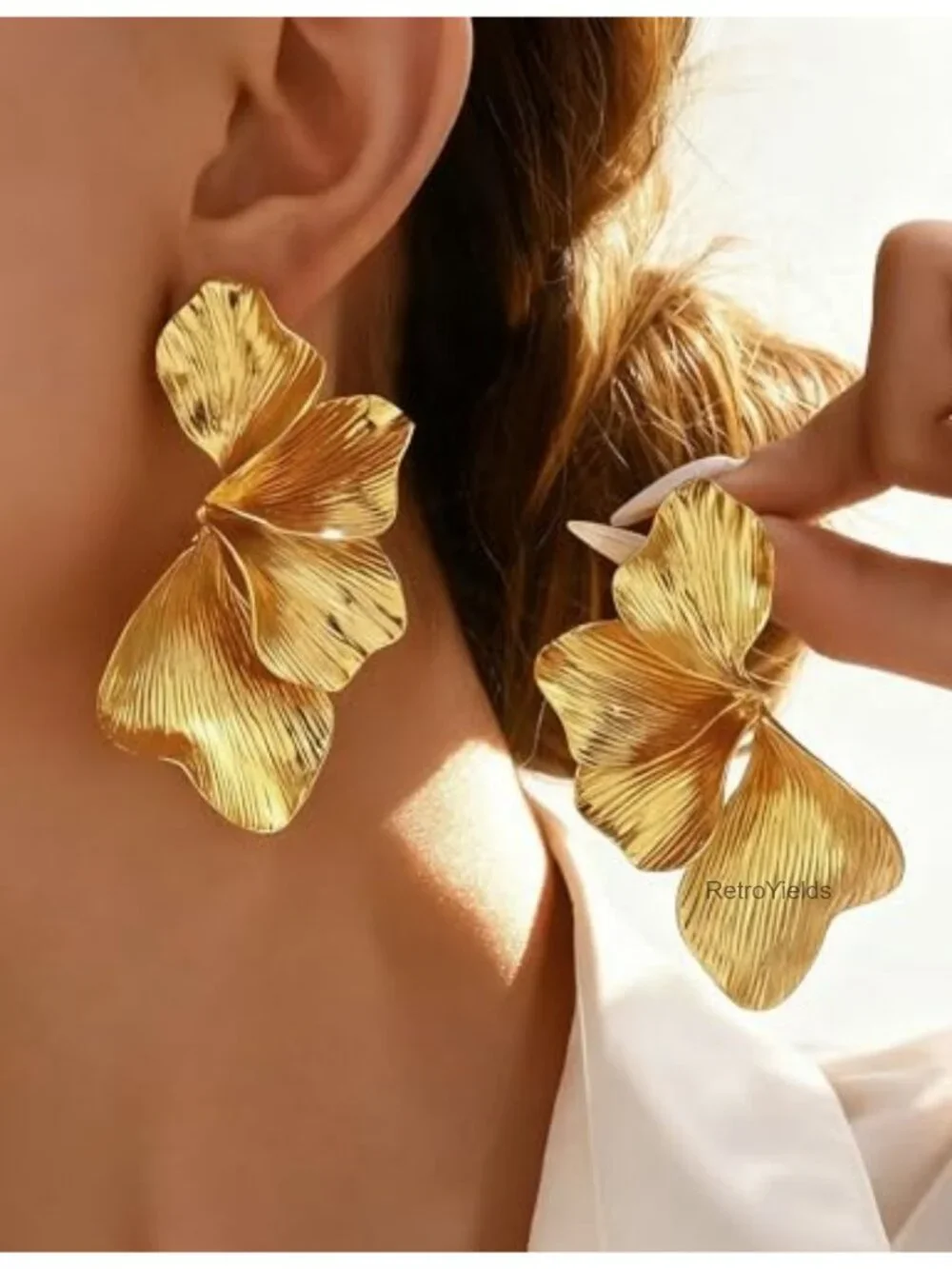 Large Lightweight Dangle Earrings for Women Floral Petal Design 14K Gold Plated